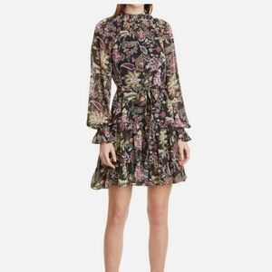 Cinq A Sept Daija Paisley Print Dress Women's 2 Black Long Sleeve Smocked Belted